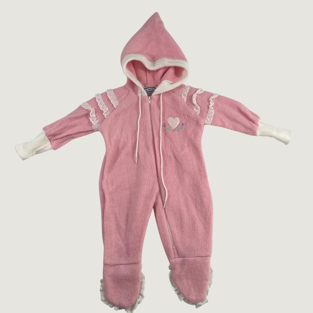 Vintage Doe-Spun Pink Hooded Footed Coverall Eyelet Lace Heart Baby 6-12mo